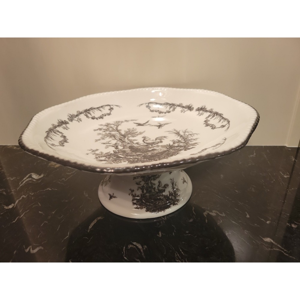 Aux Au Provence AUV2 Black & White Toile Centerpiece Footed Pedestal Fruit Bowl